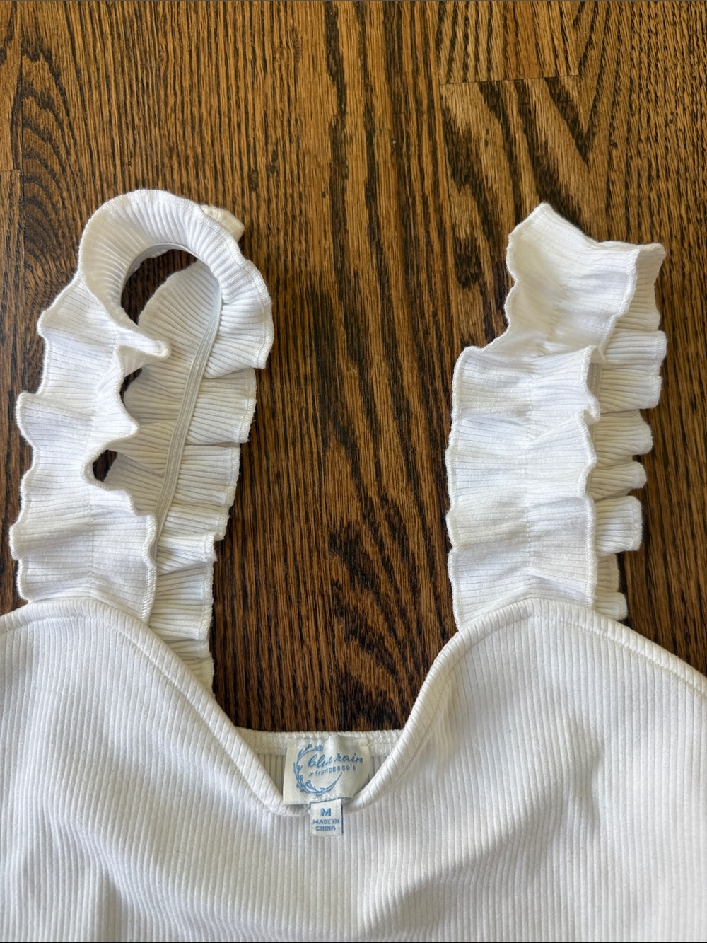 Francesca's Collections Cream Ruffle Strap Ribbed Bodysuit - Picture 3 of 4